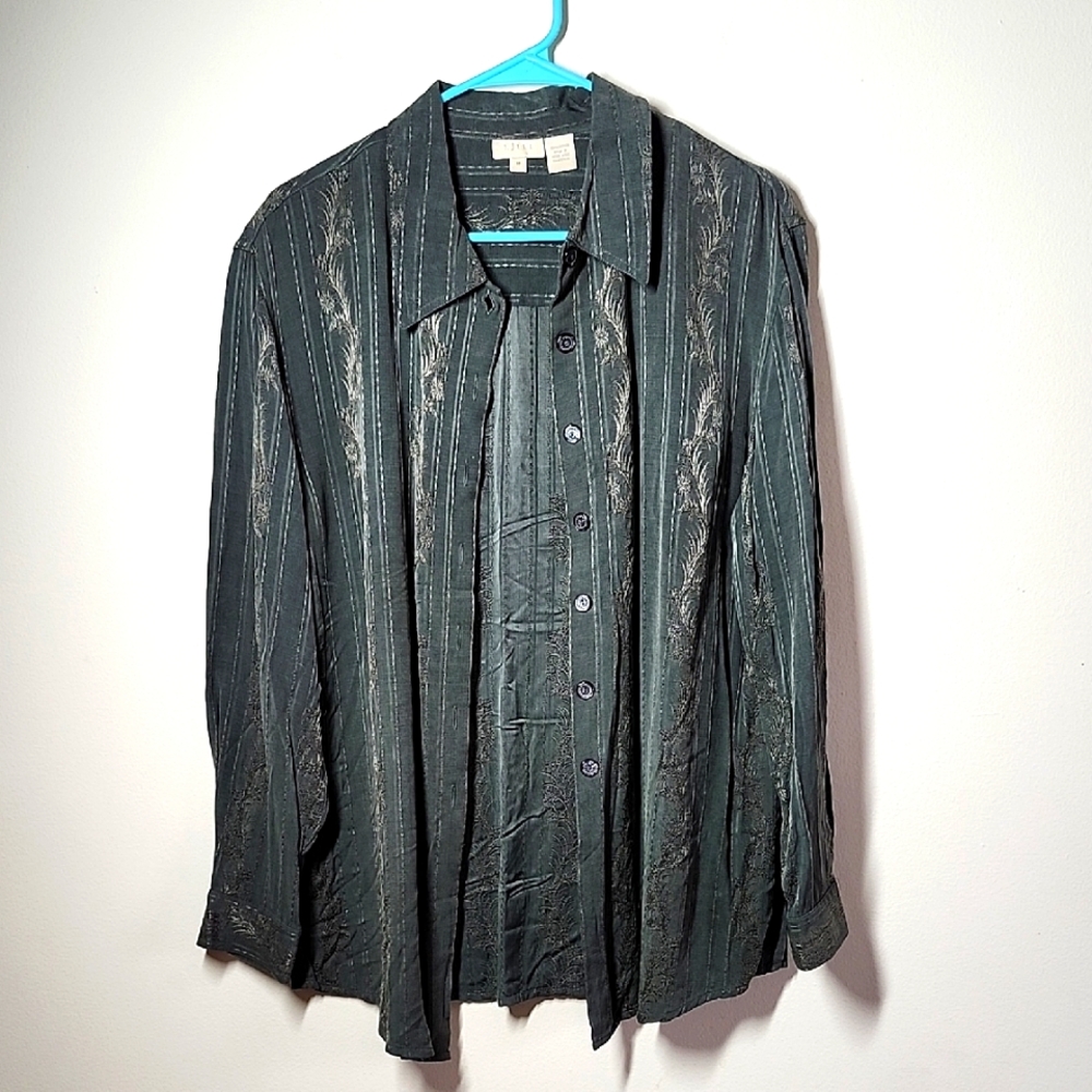 J. Jill Green Embroidered Button-Up Long Sleeve Shirt Vintage HongKong Rayon Med